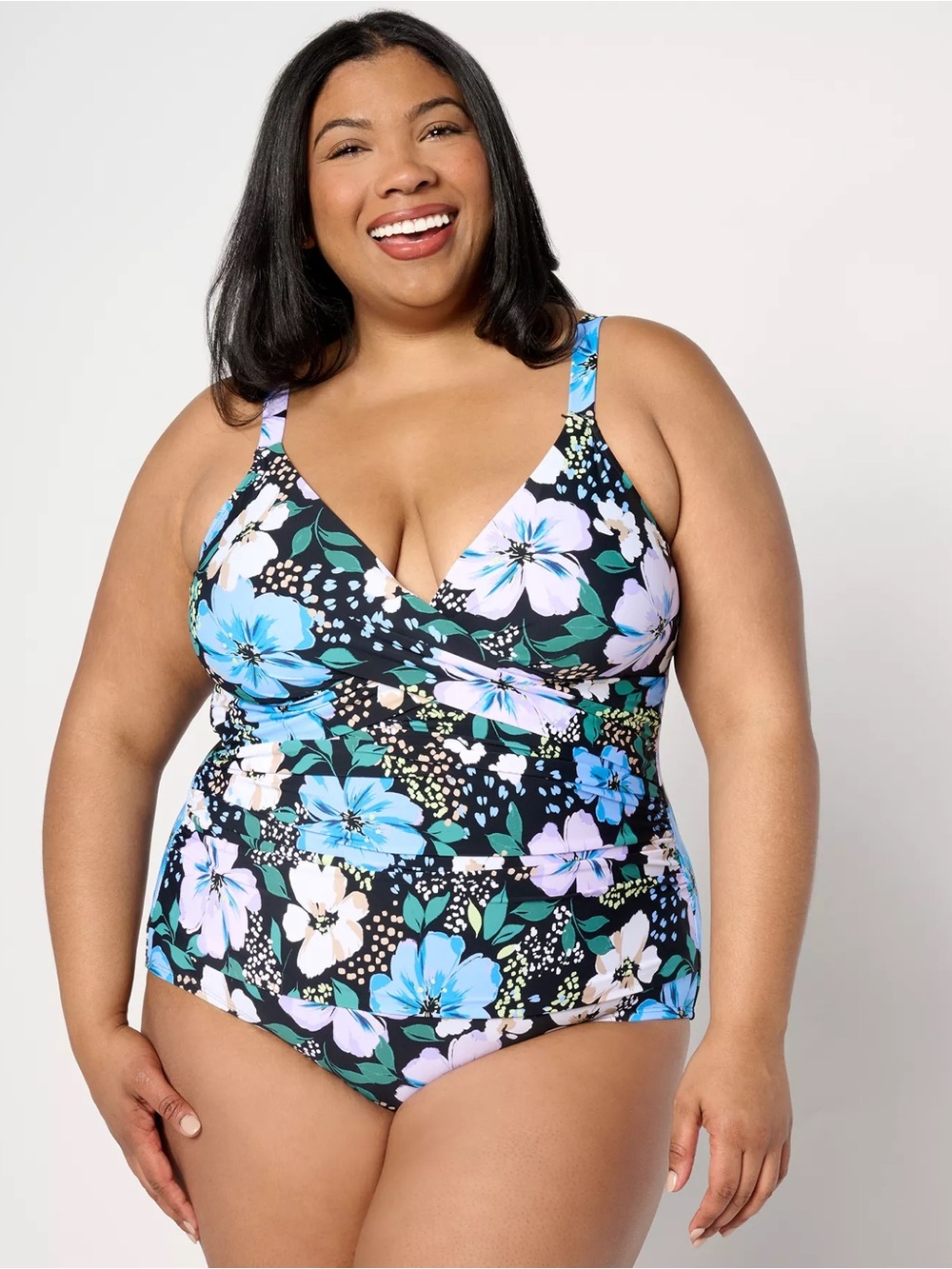NWT Jantzen Black Blue Floral Tummy Control One Piece Swimsuit Size 14 - Picture 2 of 6